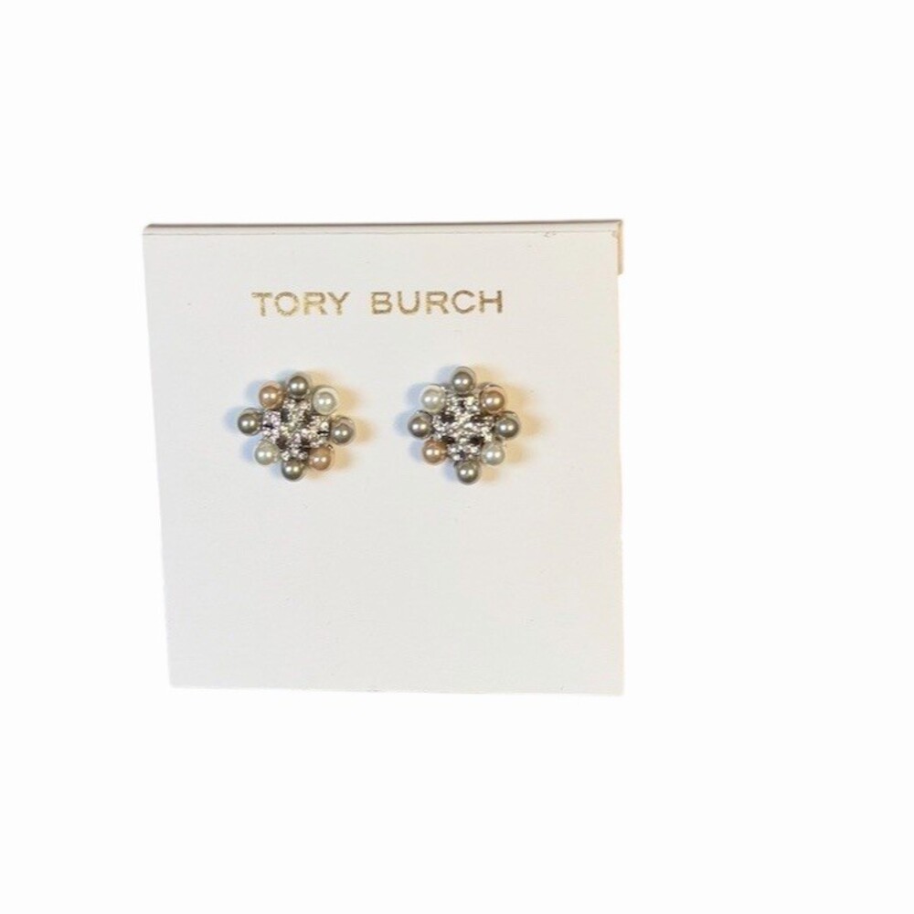 Tory Burch Kira Stud Silver Toned Earrings With Pearl and Crystal Cluster - Picture 1 of 3